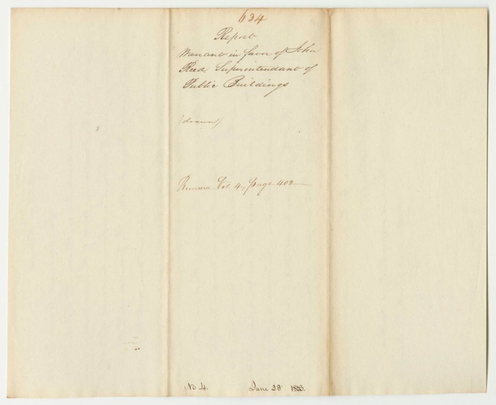 Miniature of Report 634: Warrant in Favor of John Reed, Superintendant of Public Buildings