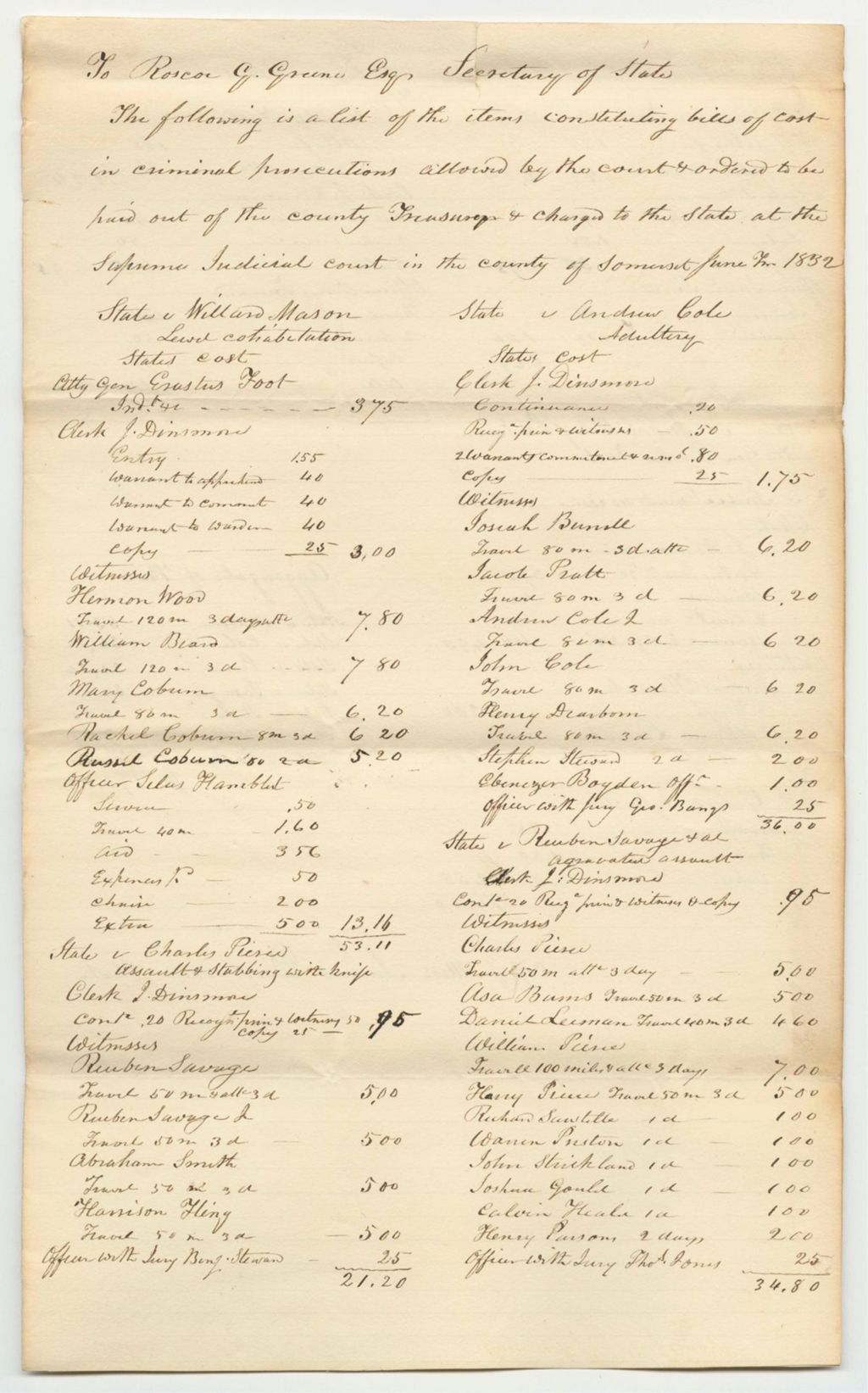 Miniature of List of Items Constituting Bills of Cost in Criminal Prosecutions Allowed by the Court and Ordered To Be Paid Out of the County Treasury and Charged to the State, at the Supreme Judicial Court in the County of Somerset, June Term 1832