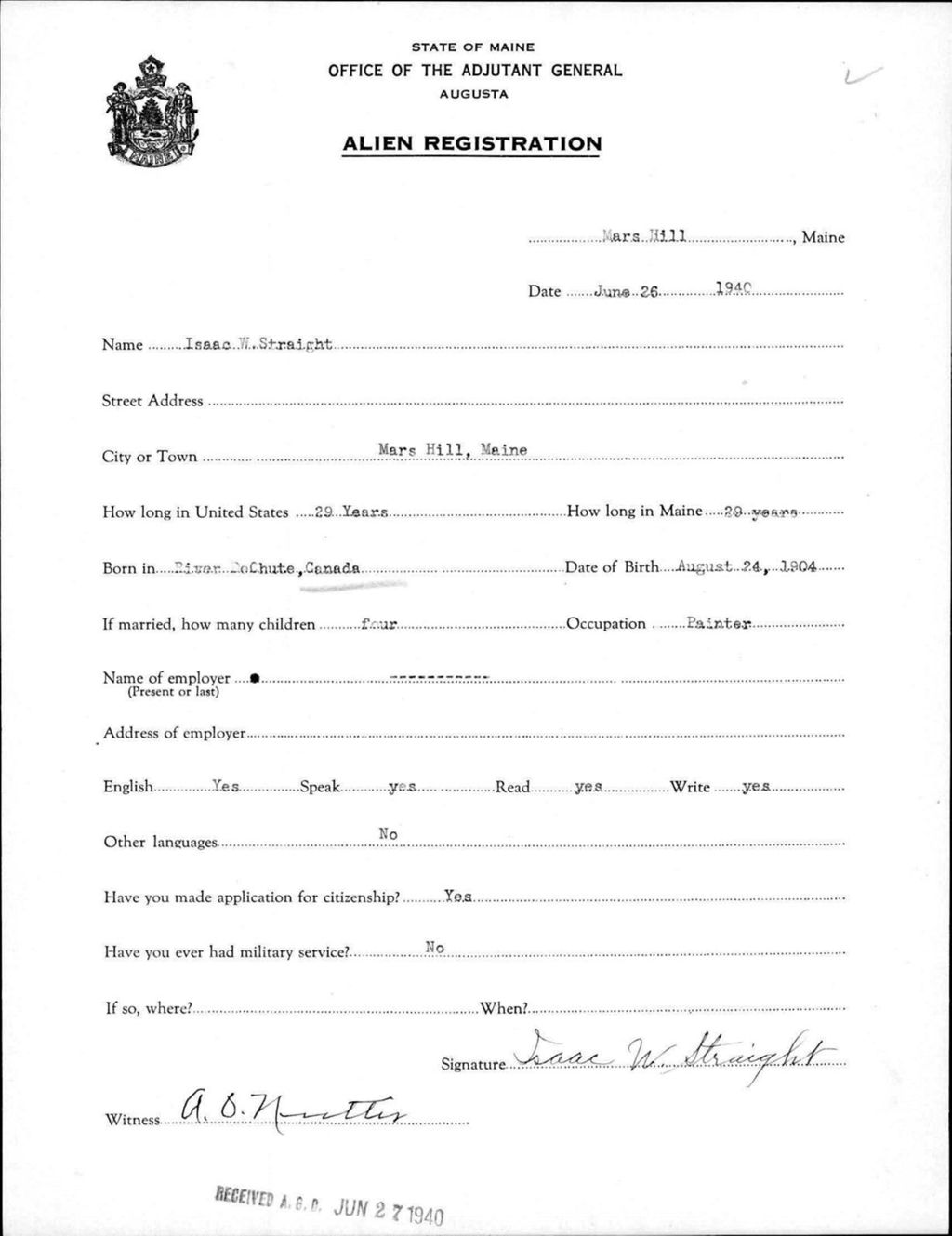 Miniature of Alien Registration- Straight, Isaac W. (Mars Hill, Aroostook County)