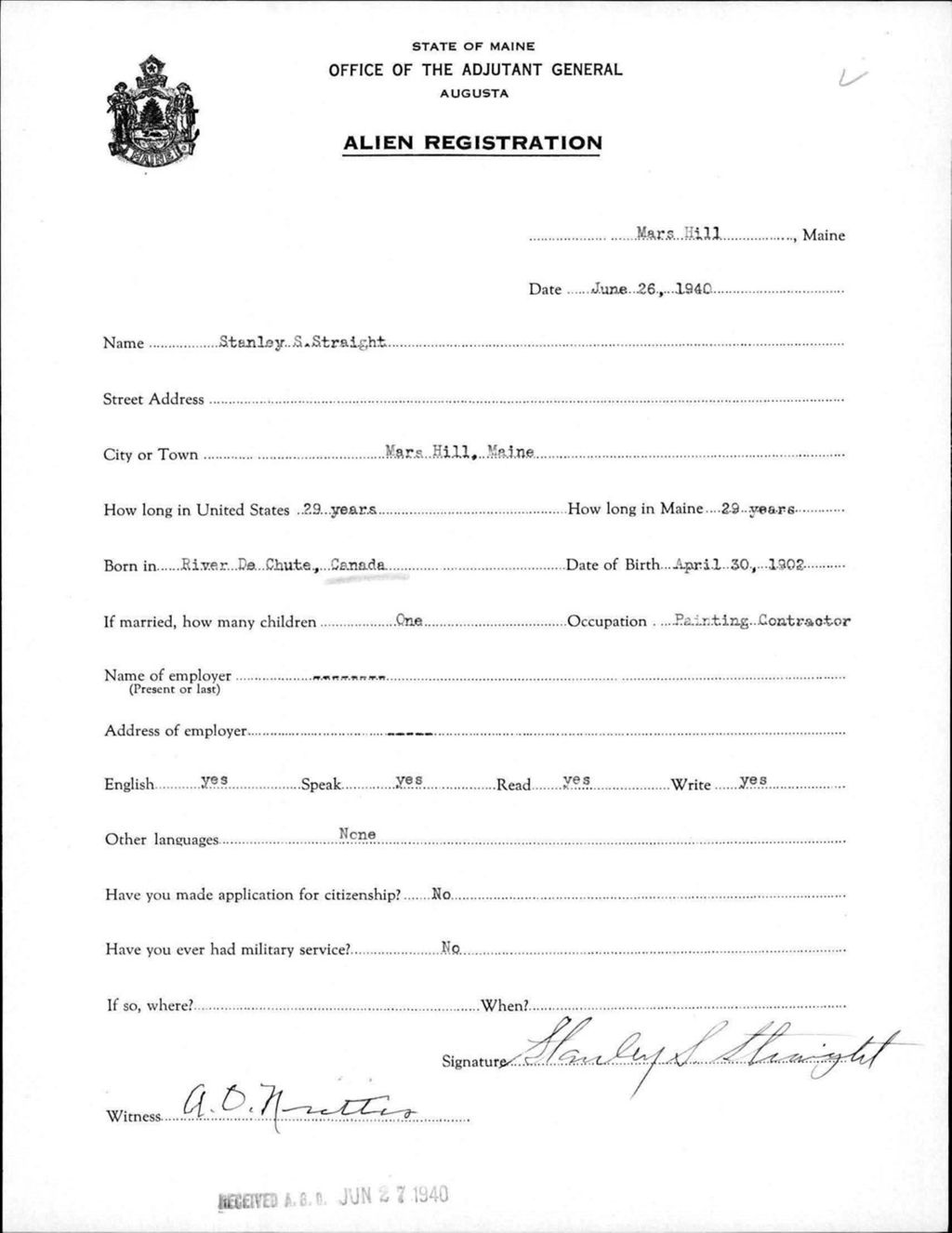 Miniature of Alien Registration- Straight, Stanley S. (Mars Hill, Aroostook County)