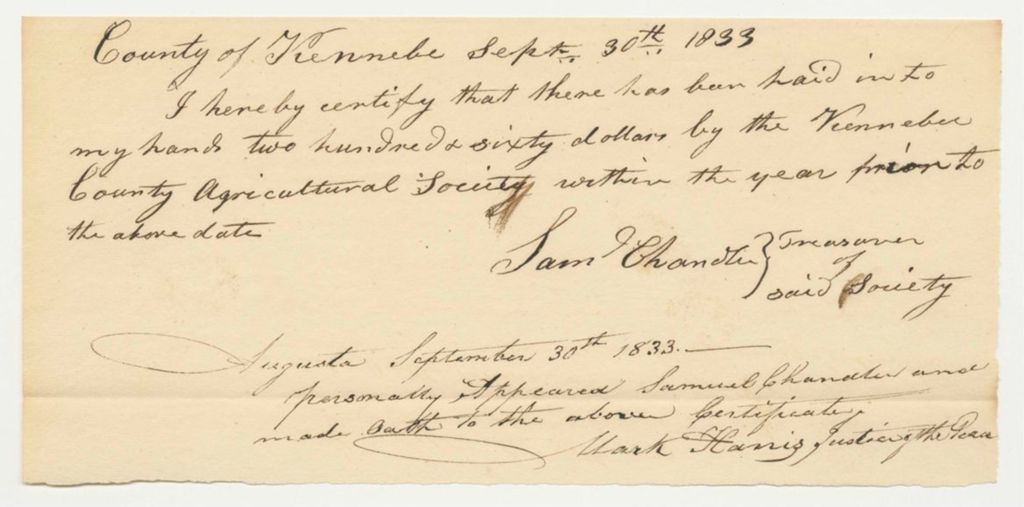 Miniature of Certificate of Samuel Chandler, Treasurer of the Kennebec County Agricultural Society, of Money Raised by Said Society