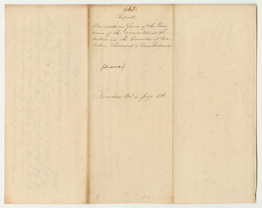 Miniature of Report 662: Warrants in Favor of the Treasurers of the Agricultural Societies in Kennebec, Somerset, and Cumberland Counties