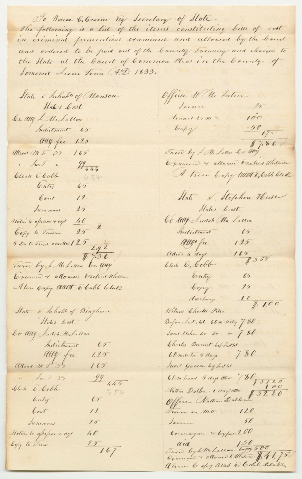 Miniature of List of Items Constituting Bills of Cost in Criminal Prosecutions Examined and Allowed by the Court and Ordered To Be Paid Out of the County Treasury and Charged to the State at the Court of Common Pleas in Somerset, June Term 1833