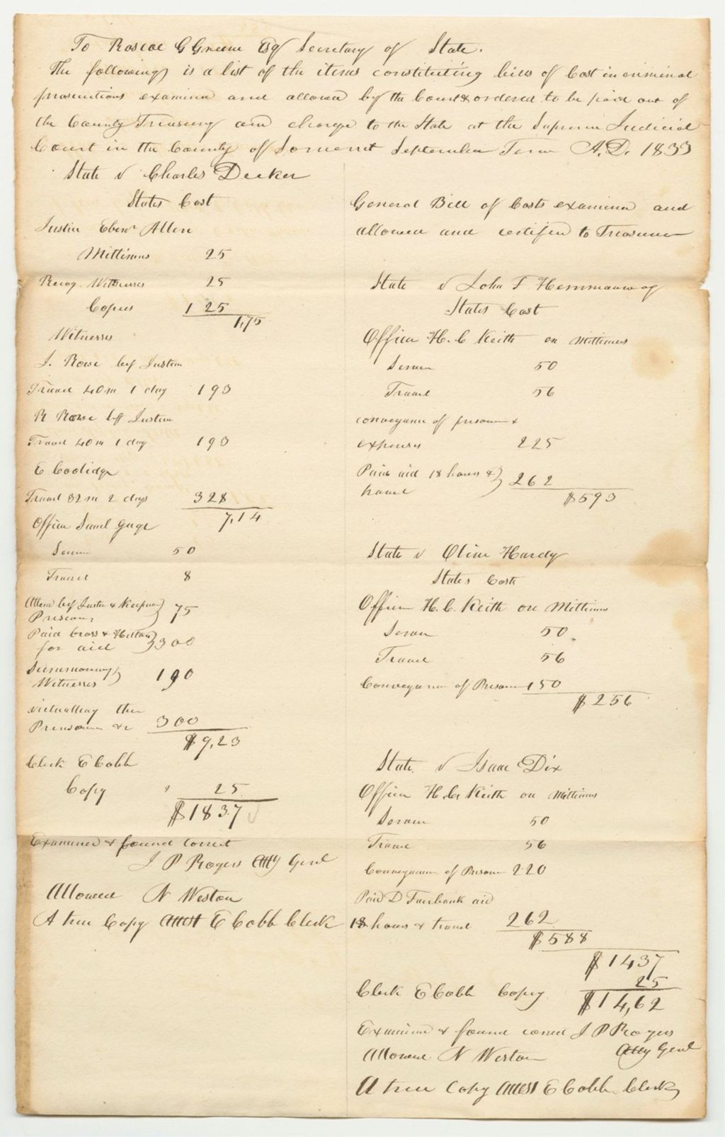 Miniature of List of Items Constituting Bills of Cost in Criminal Prosecutions Examined and Allowed by the Court and Ordered To Be Paid Out of the County Treasury and Charged to the State at the Supreme Judicial Court in Somerset, September Term 1833