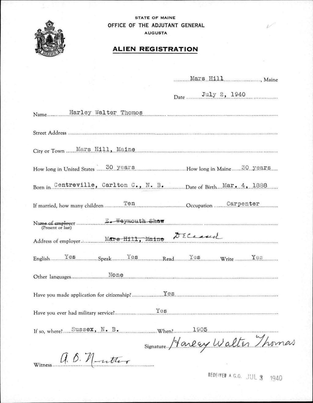 Miniature of Alien Registration- Thomos, Harley W. (Mars Hill, Aroostook County)