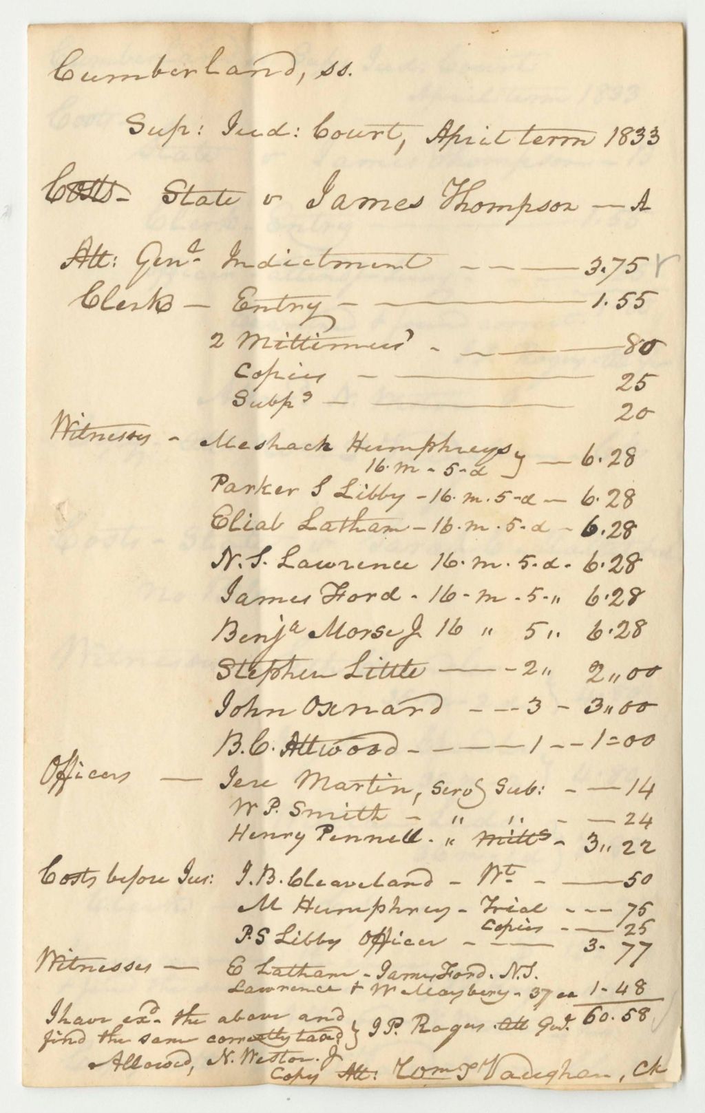 Miniature of General Bills at the Supreme Judicial Court in Cumberland County, April Term 1833, and at the Court of Common Pleas, March Term 1833