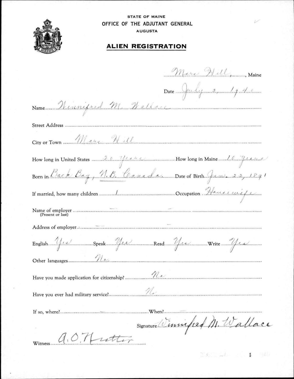 Miniature of Alien Registration- Wallace, Winnifred M. (Mars Hill, Aroostook County)