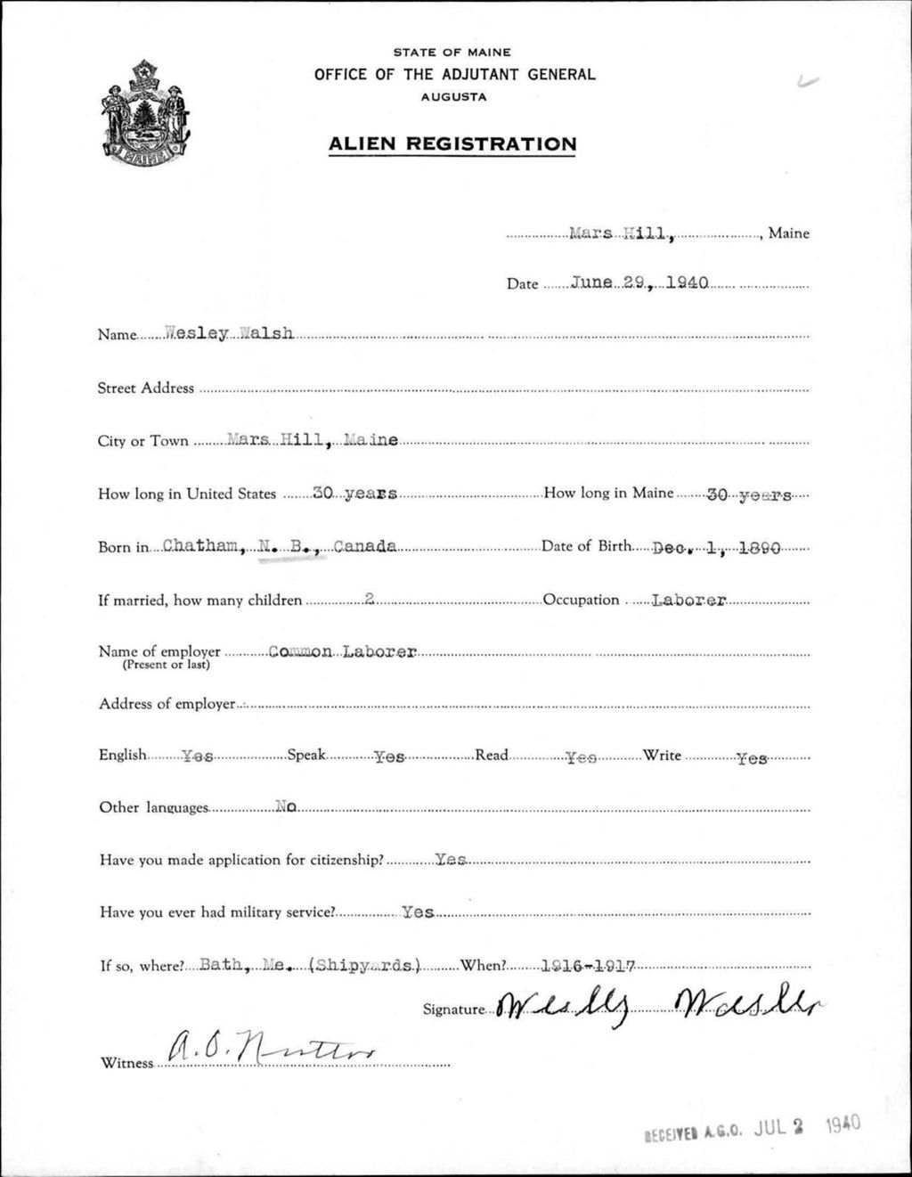Miniature of Alien Registration- Walsh, Wesley (Mars Hill, Aroostook County)
