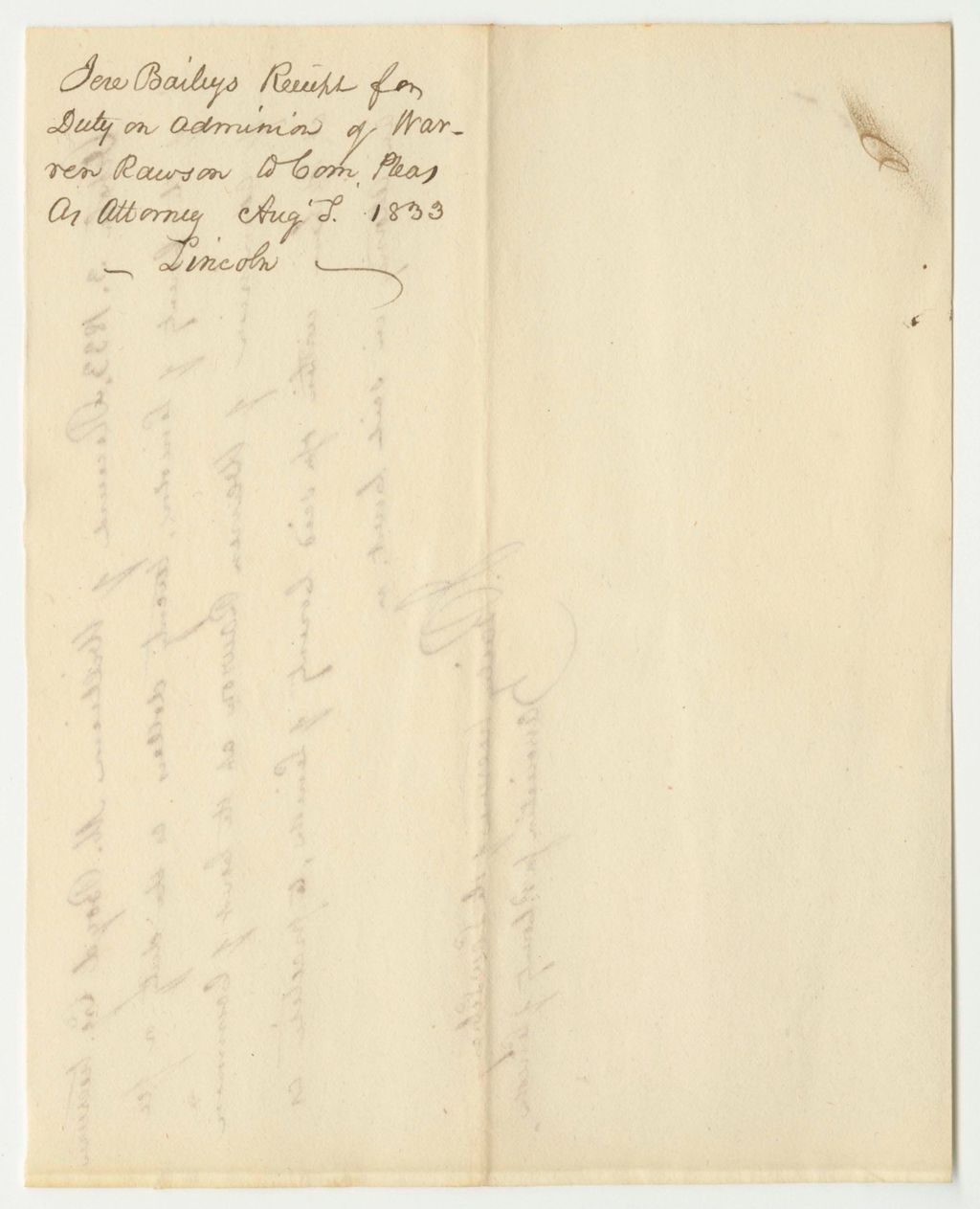 Miniature of Jeremiah Bailey's Receipt for Duty on Admission of Warren Rawson to Practice Law in the Court of Common Pleas in Lincoln County