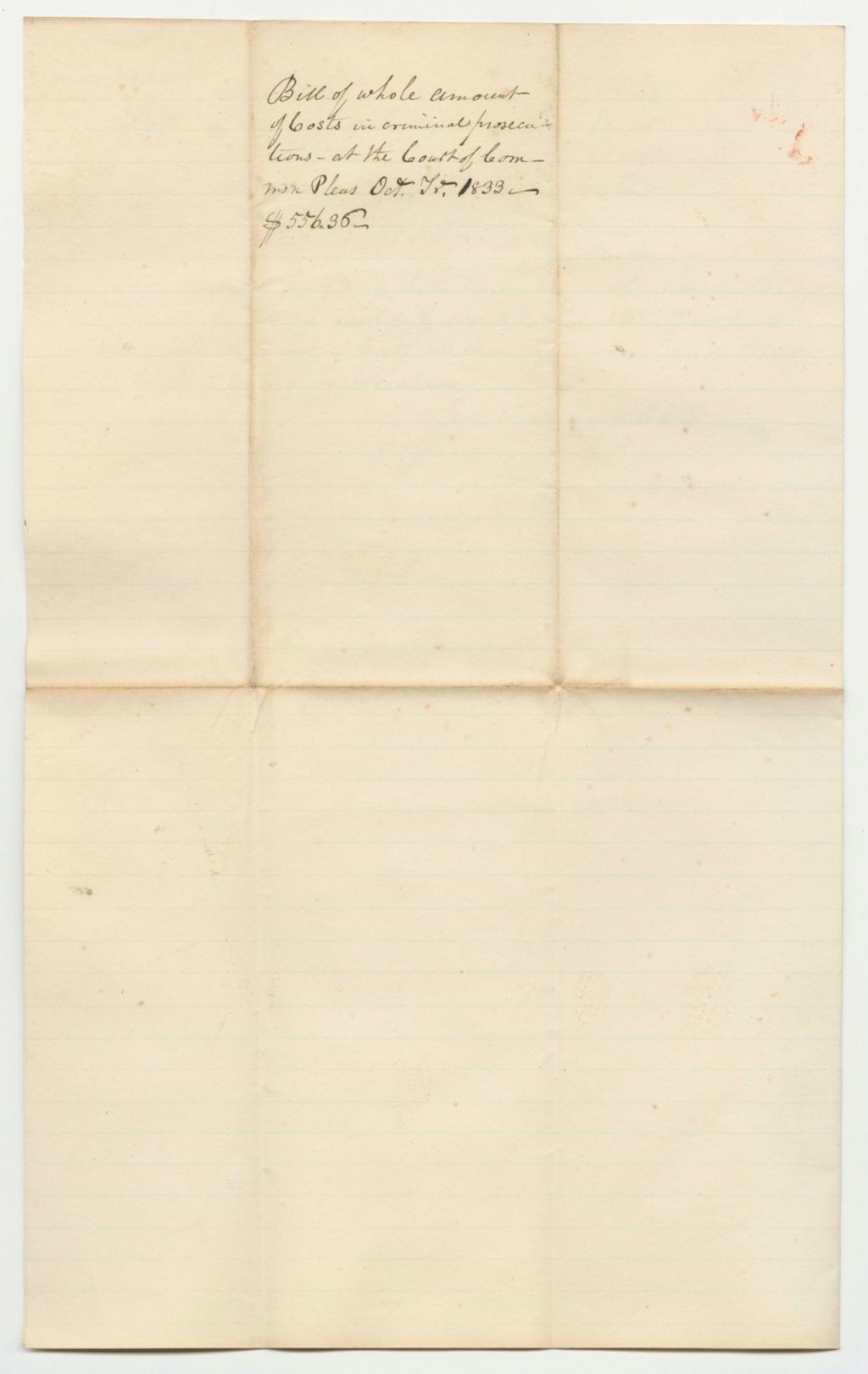 Miniature of Bill of Whole Amount of Costs in Criminal Prosecution at the Court of Common Pleas Begun and Holden at Alfred Within and for the County of York, October Term 1833