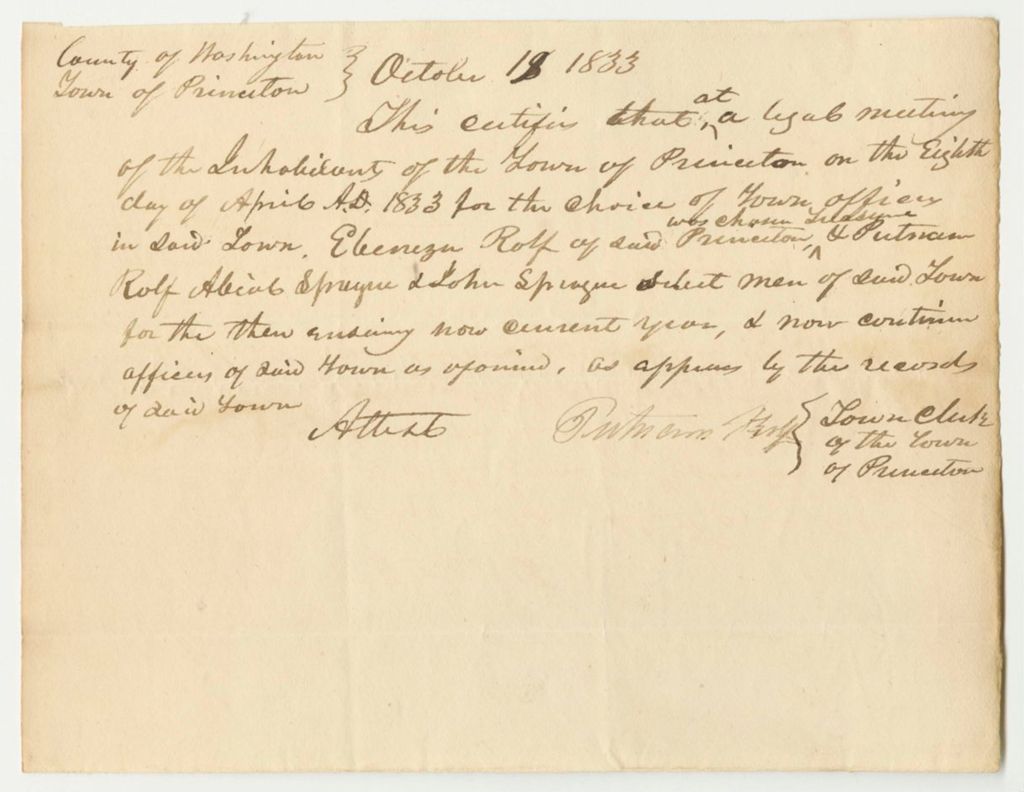 Miniature of Certificate of the Selection of Ebenezer Rolf as Treasurer of the Town of Princeton