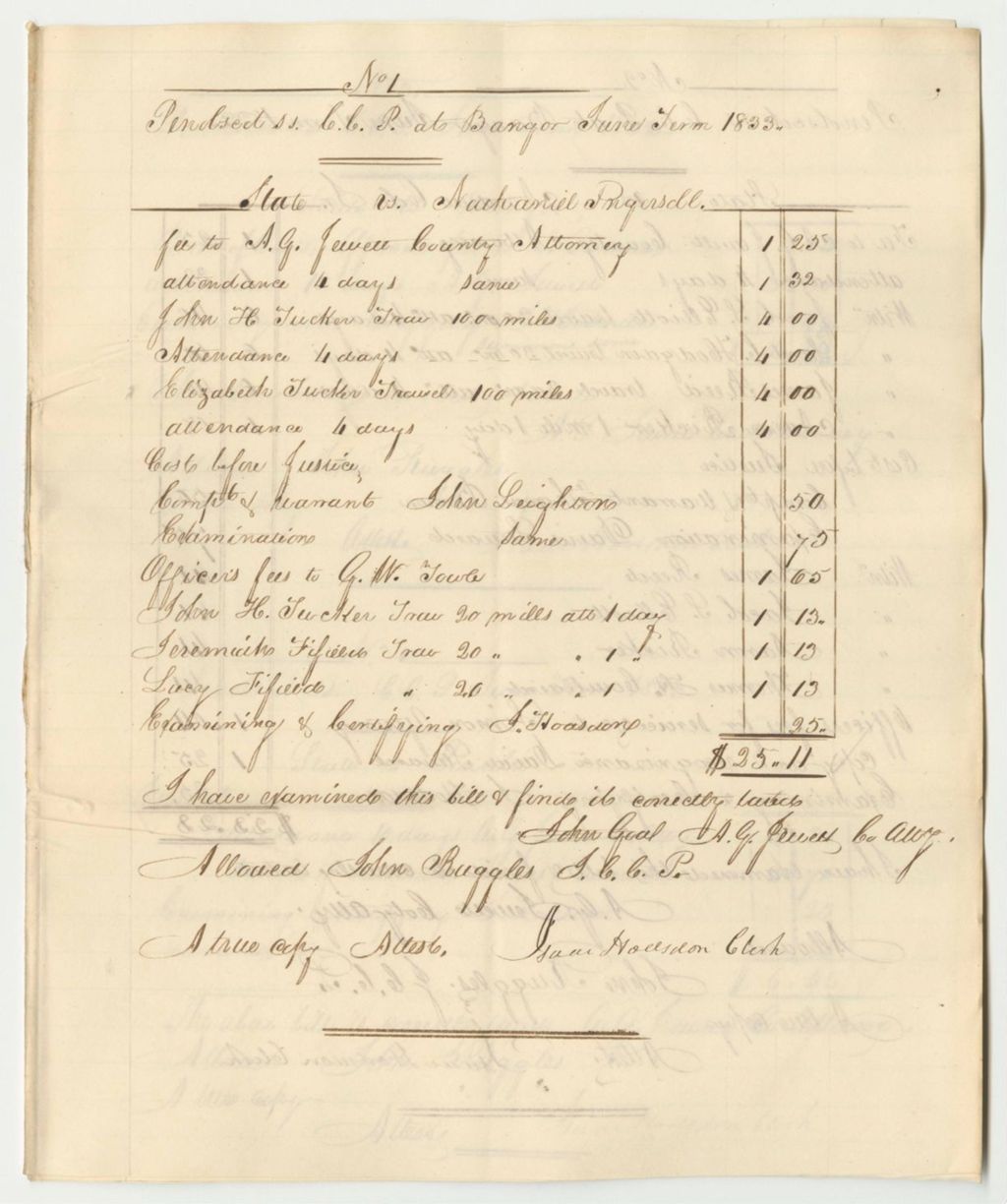 Miniature of Bills of Costs at the Court of Common Pleas of Penobscot County, June Term 1833