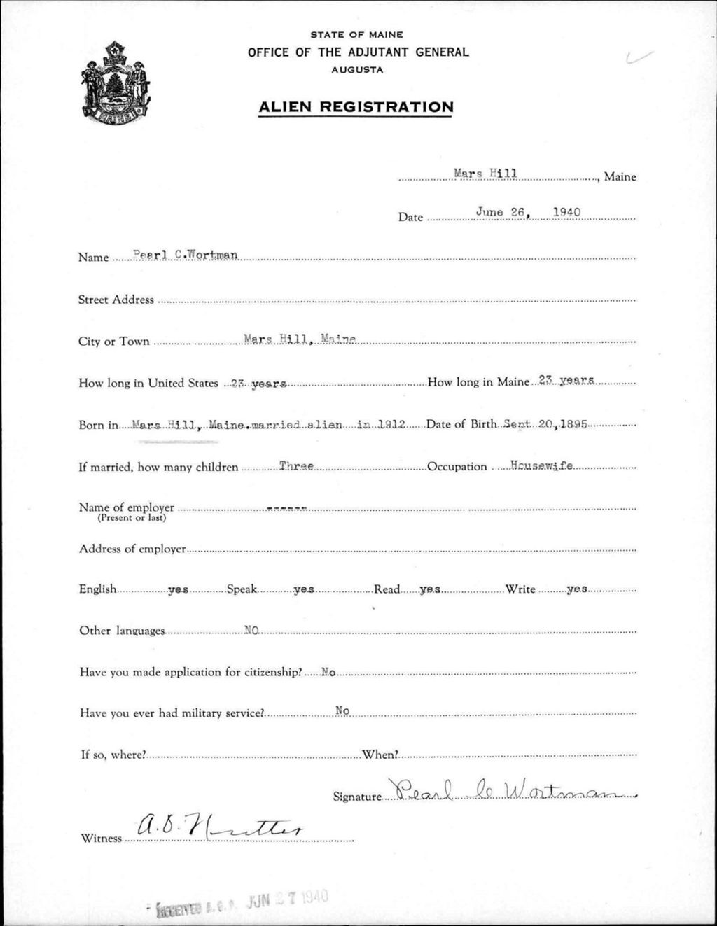 Miniature of Alien Registration- Wortman, Pearl C. (Mars Hill, Aroostook County)