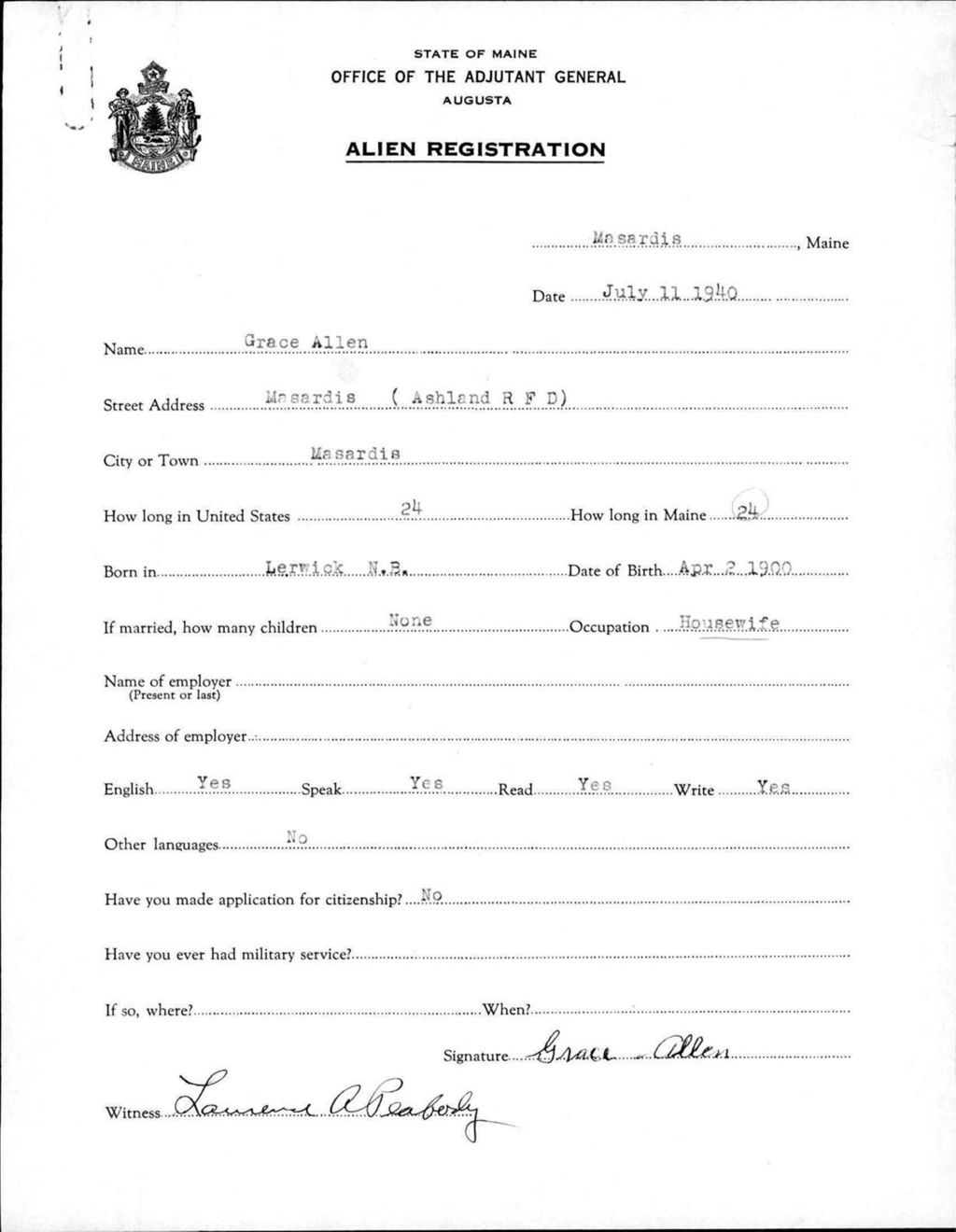 Miniature of Alien Registration- Allen, Grace (Masardis, Aroostook County)
