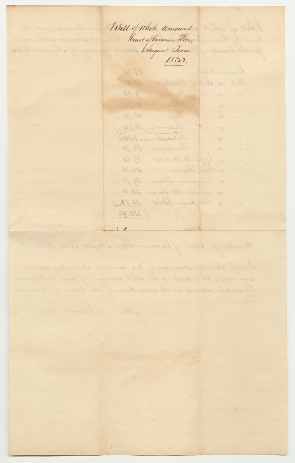 Miniature of Bill of Whole Amount of Costs in Criminal Prosecutions at the Court of Common Pleas, Begun and Holden at Augusta Within and for the County of Kennebec, August Term 1833