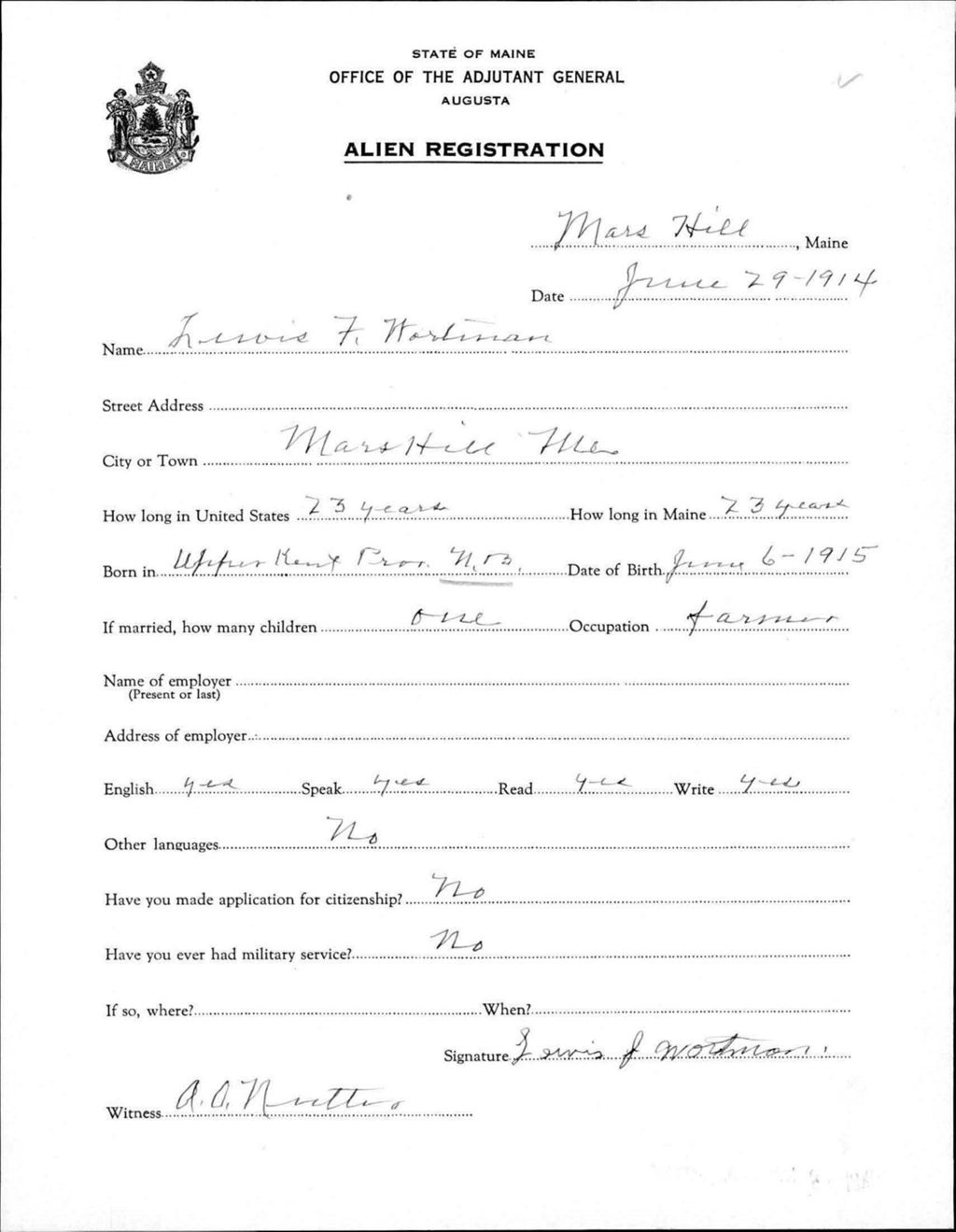 Miniature of Alien Registration- Wortman, Lewis F. (Mars Hill, Aroostook County)
