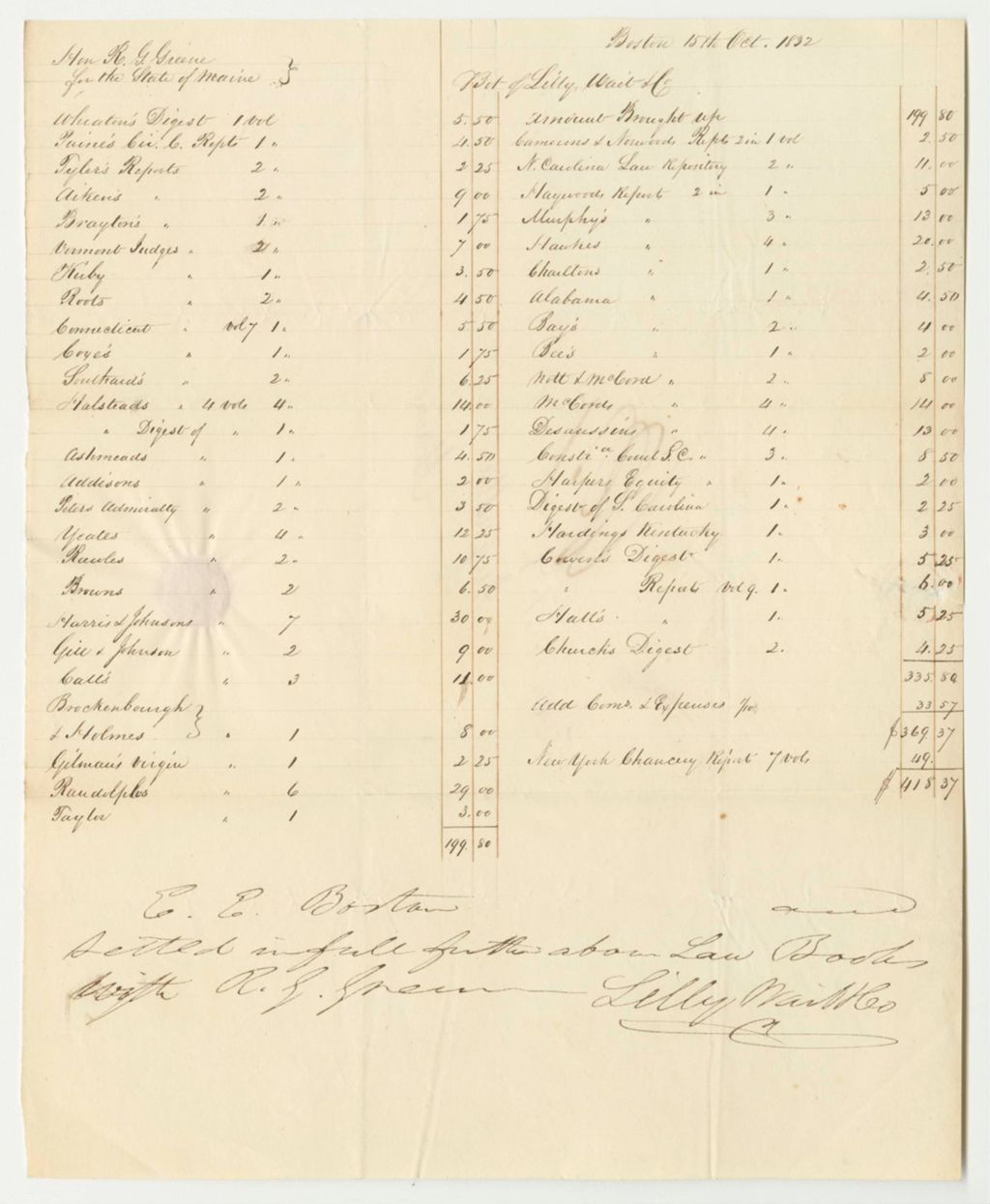 Miniature of Roscoe G. Greene's Account with Lilly Wait & Co., for Books