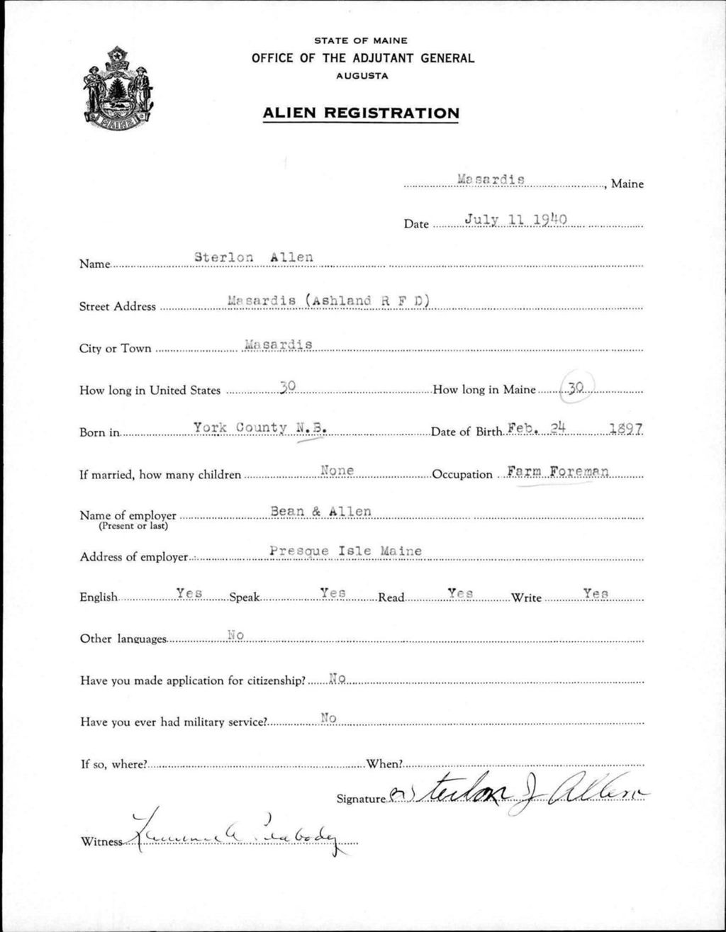 Miniature of Alien Registration- Allen, Sterlon (Masardis, Aroostook County)