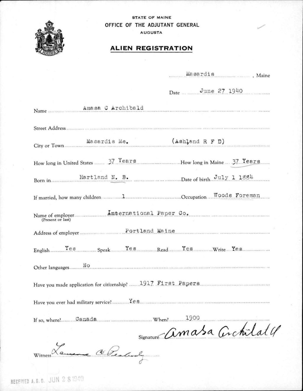 Miniature of Alien Registration- Archibald, Amasa C. (Masardis, Aroostook County)