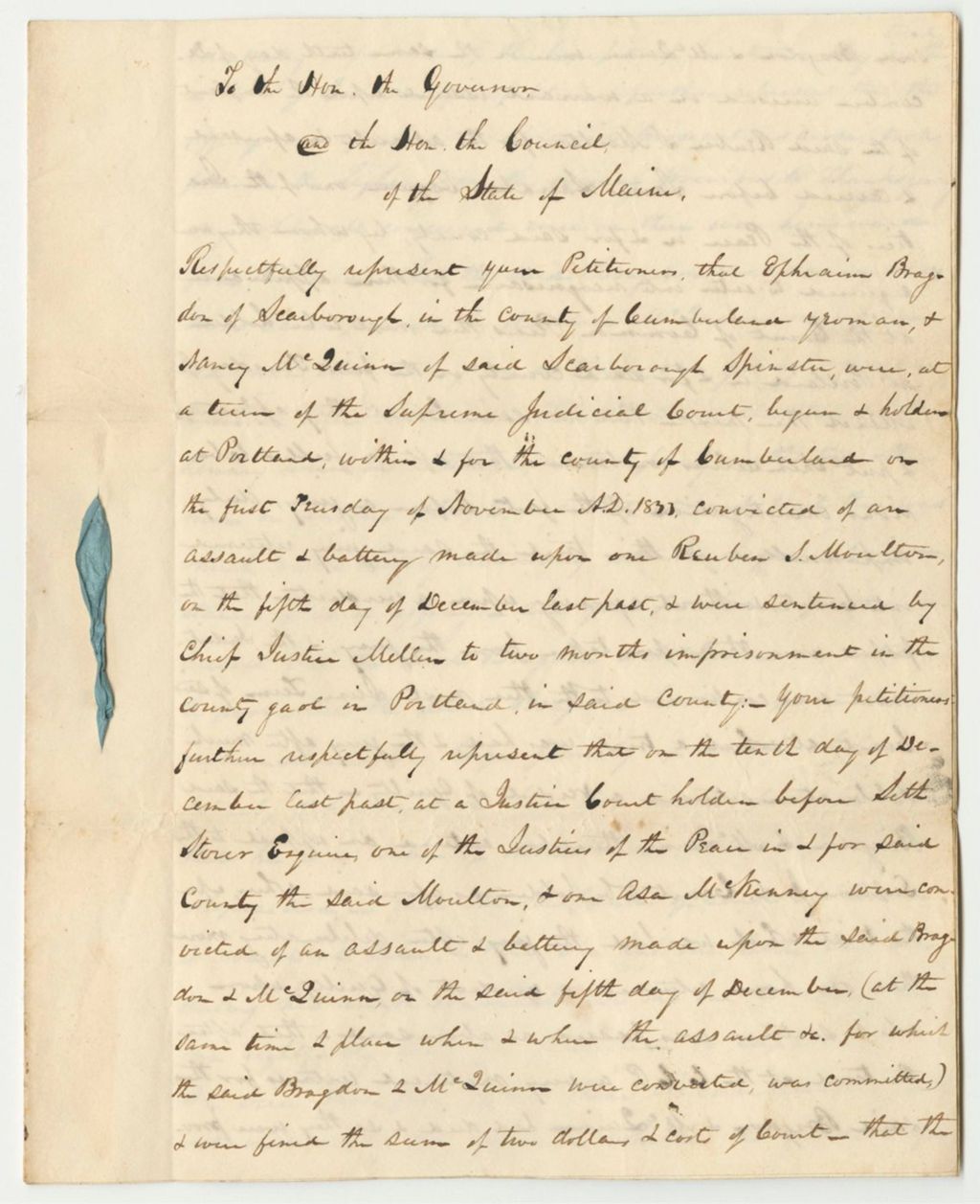 Miniature of Petition of Cyrus Libby and Others for the Pardon of Ephraim Bragdon and Nancy McQuinn, Giving Leave to Withdraw Their Petition