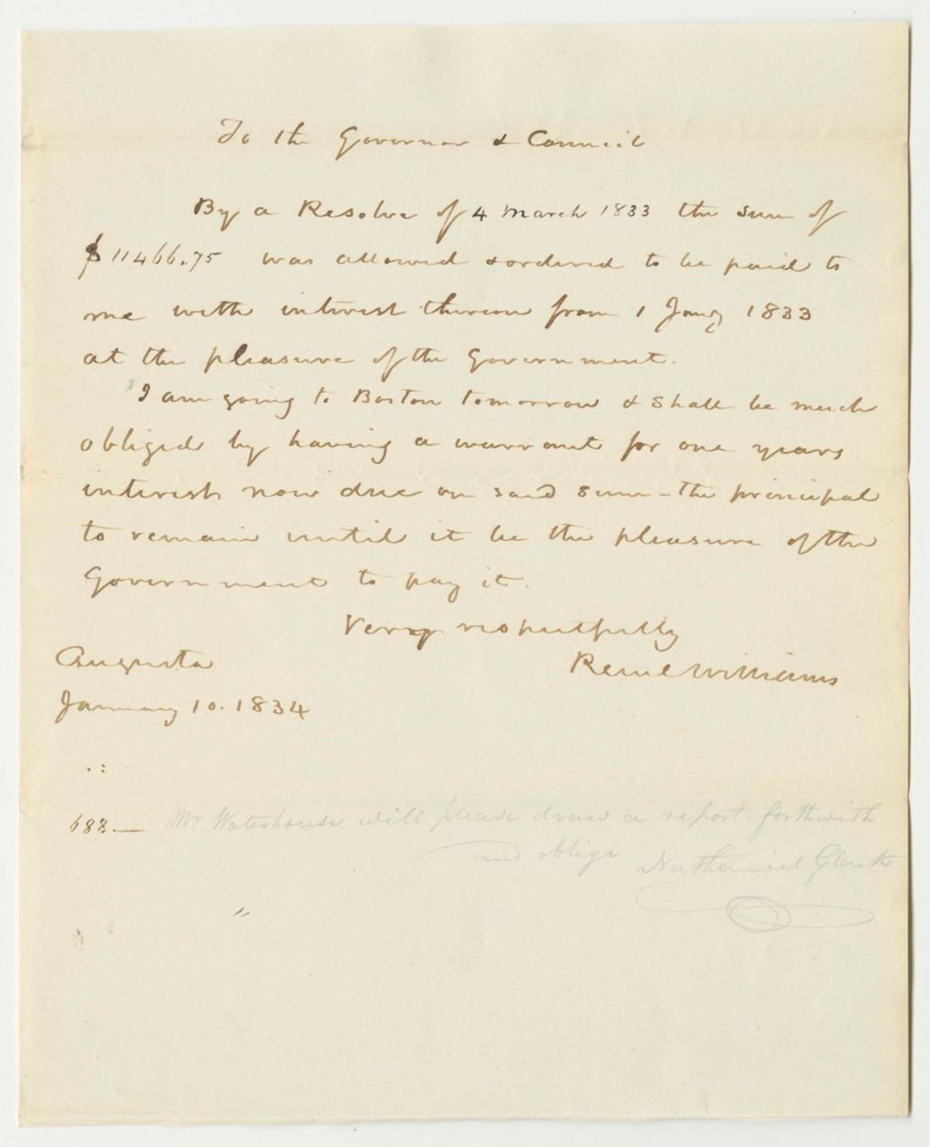 Miniature of Request for Warrant in Favor of Reuel Williams, Commissioner of Public Buildings