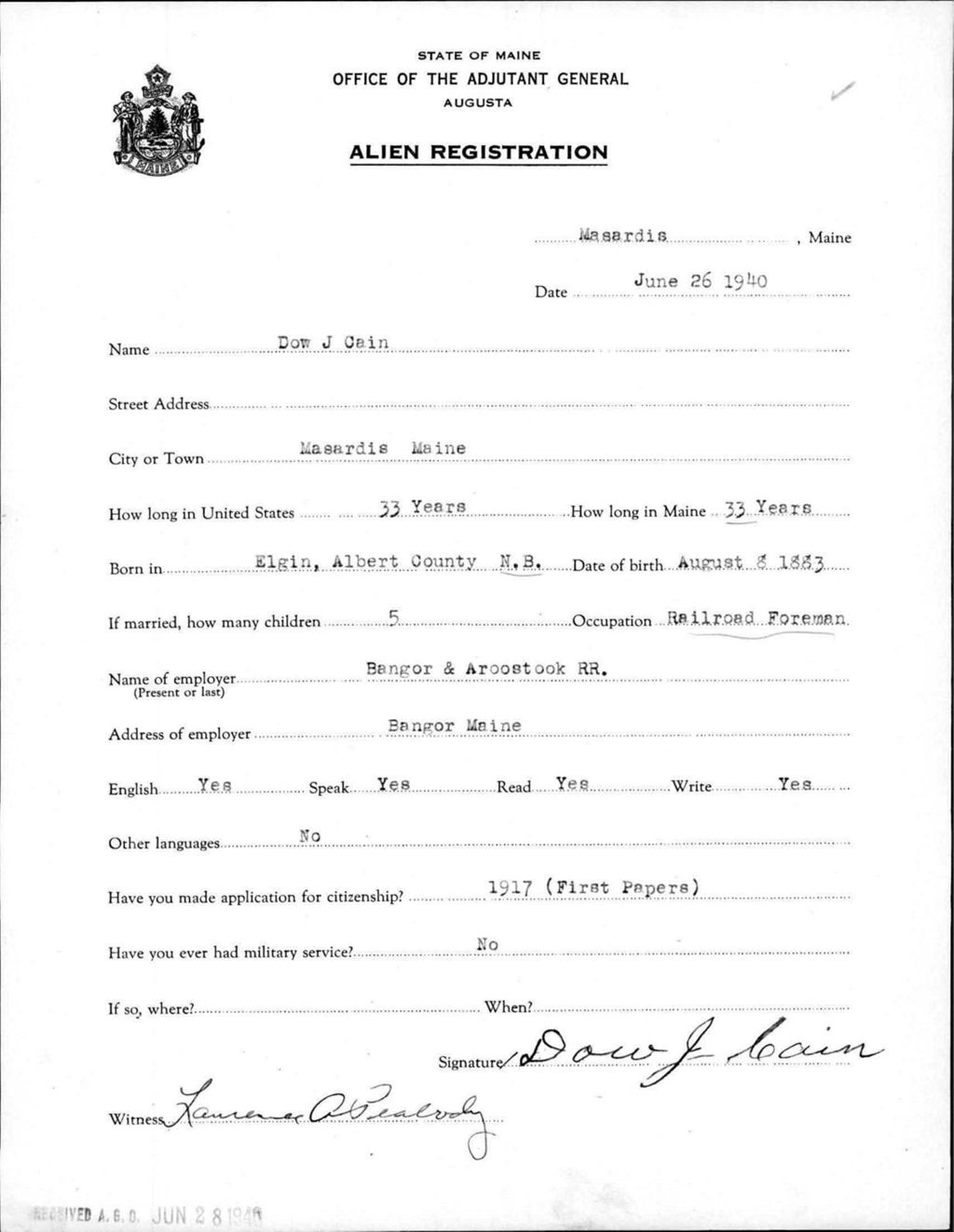 Miniature of Alien Registration- Cain, Dow J. (Masardis, Aroostook County)