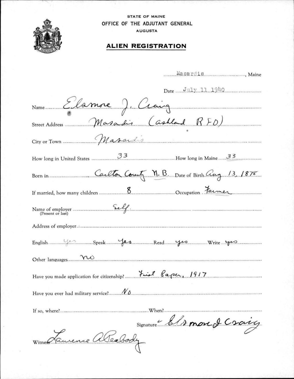 Miniature of Alien Registration- Craig, Elsmore J. (Masardis, Aroostook County)