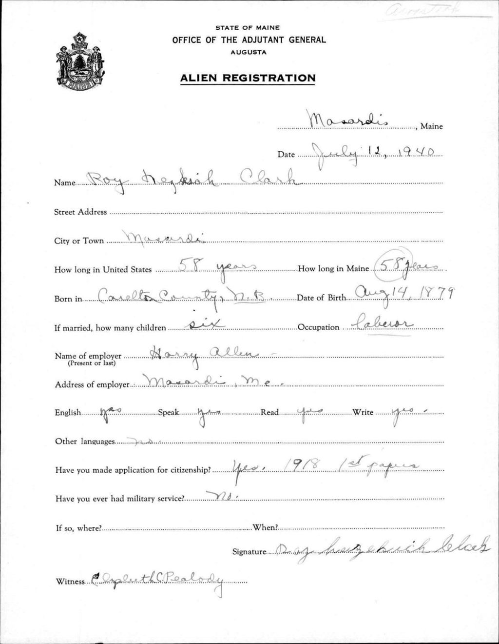 Miniature of Alien Registration- Clark, Roy H. (Masardis, Aroostook County)