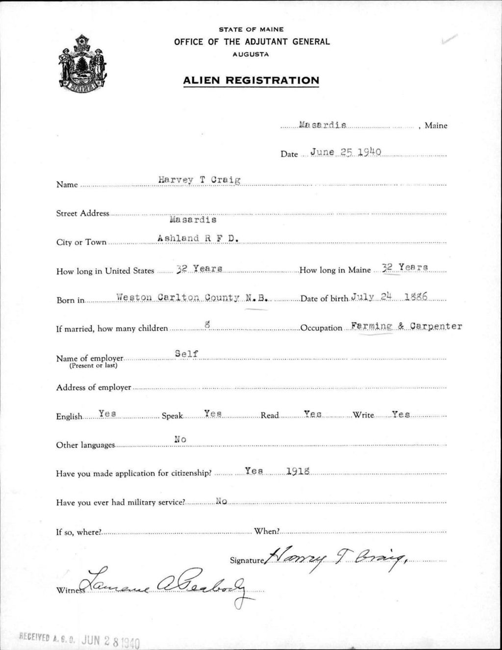 Miniature of Alien Registration- Craig, Harvey T. (Masardis, Aroostook County)