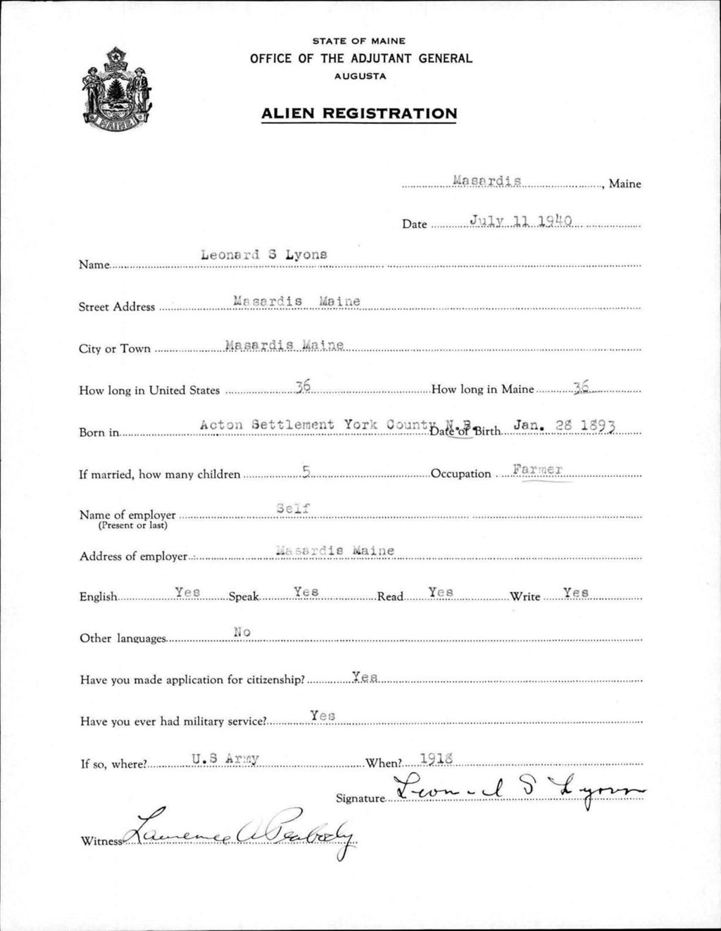 Miniature of Alien Registration- Lyons, Leonard S. (Masardis, Aroostook County)