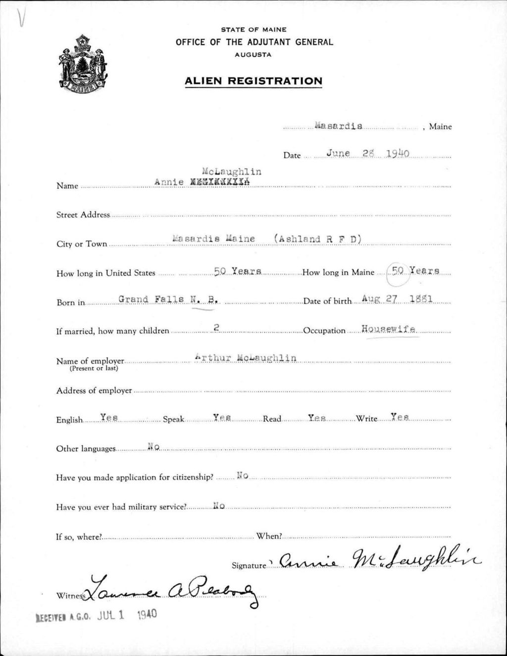 Miniature of Alien Registration- Mclaughlin, Annie (Masardis, Aroostook County)