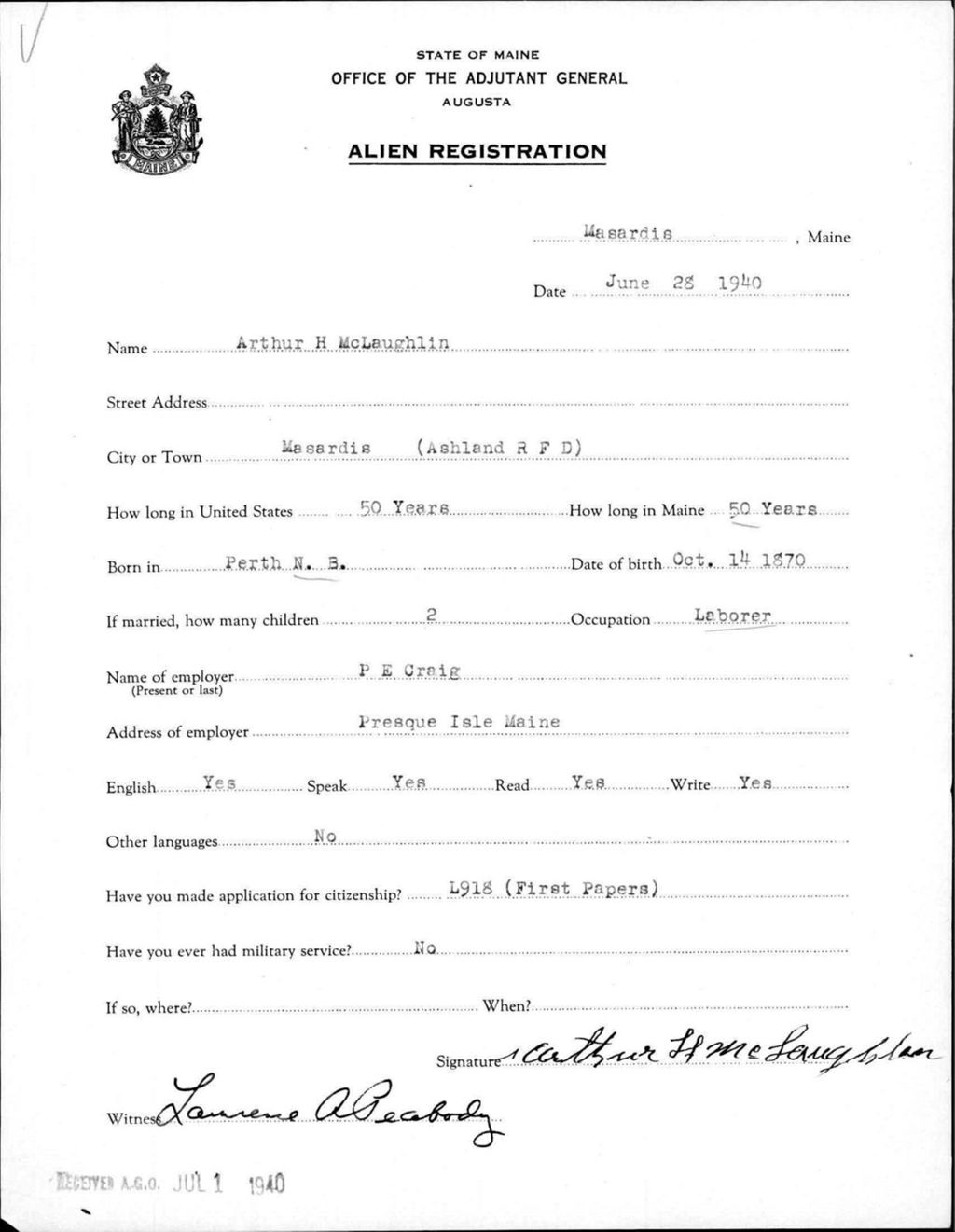 Miniature of Alien Registration- Malaughlin, Arthur H. (Masardis, Aroostook County)