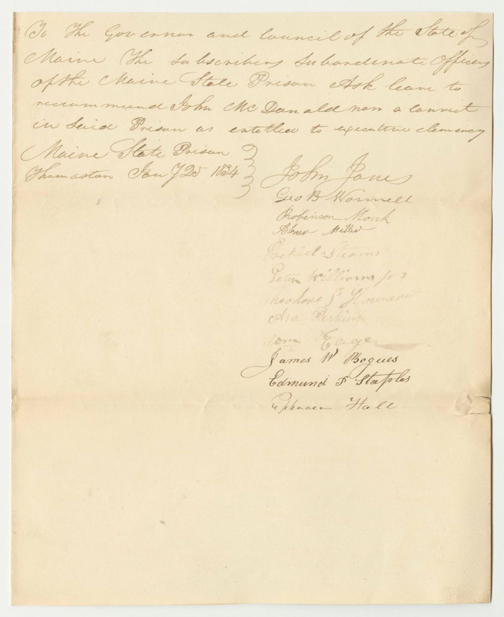 Miniature of Petition of the Subordinate Officers of the Miane State Prison for Executive Clemency for John McDonald