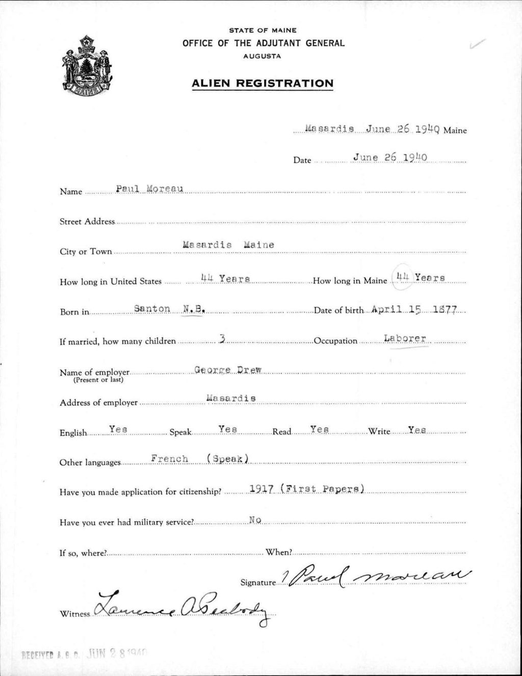 Miniature of Alien Registration- Moreau, Paul (Masardis, Aroostook County)