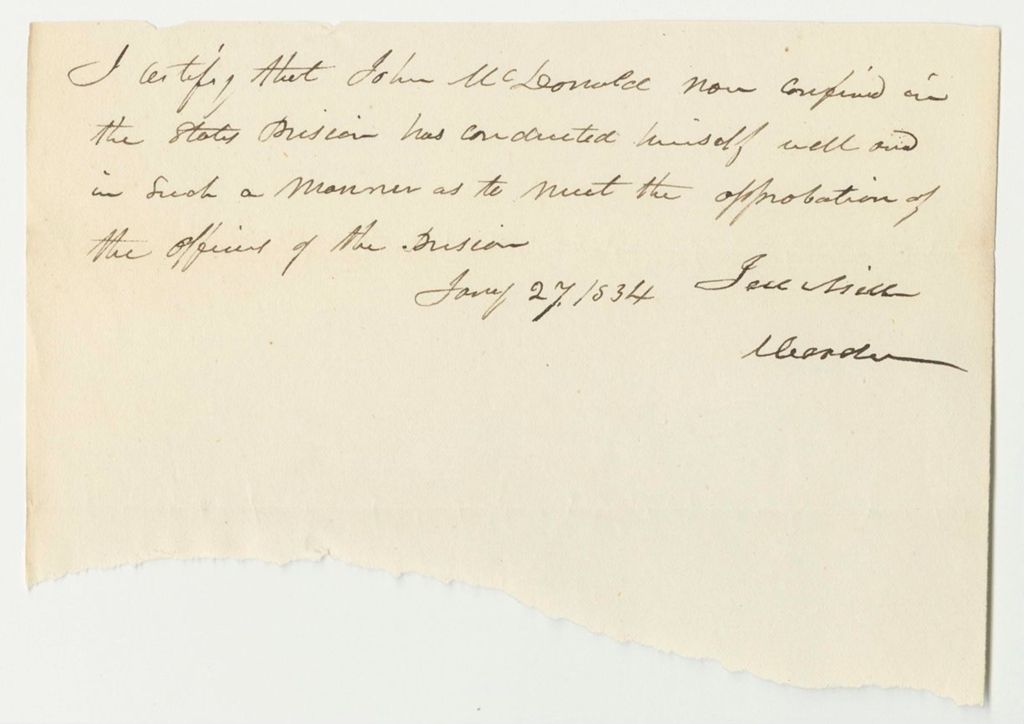 Miniature of Certificate of Joel Miller, Warden, on the Conduct of John McDonald in Prison