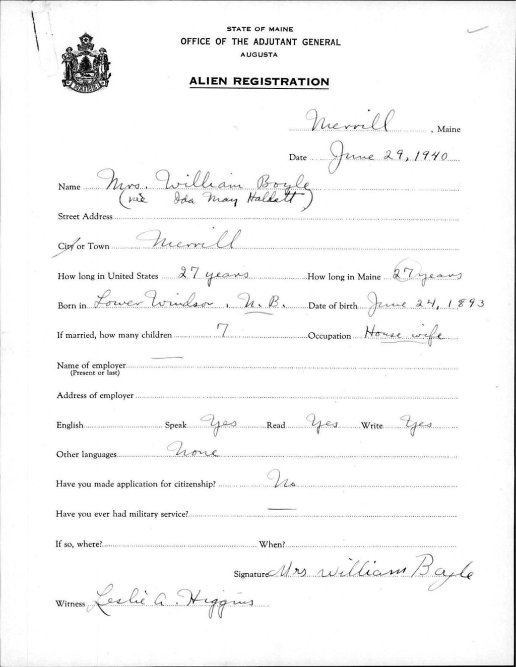 Miniature of Alien Registration- Hallett, Ida M. (Merrill, Aroostook County)