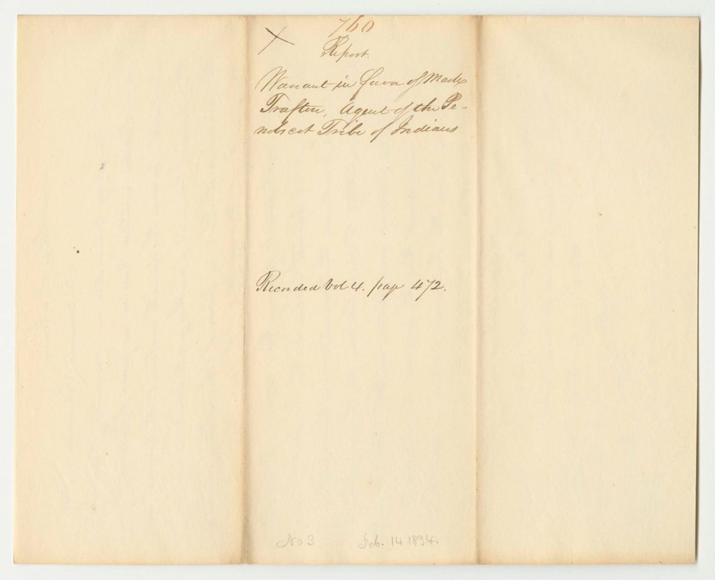 Miniature of Report 760: Warrant in Favor of Mark Trafton, Agent of the Penobscot Tribe of Indians