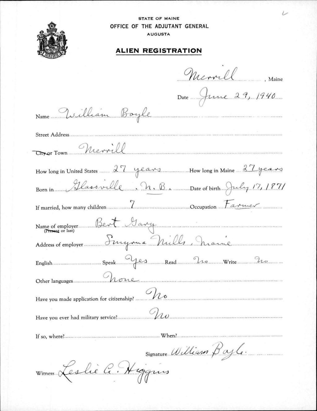Miniature of Alien Registration- Boyle, William (Merrill, Aroostook County)