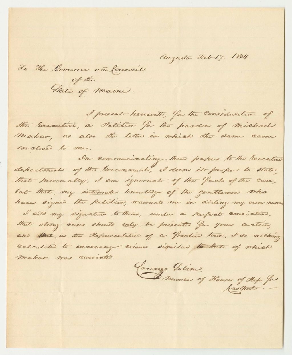 Miniature of Communication from Lorenzo Sabine, in Relation to the Petition for the Pardon of Michael Mahan