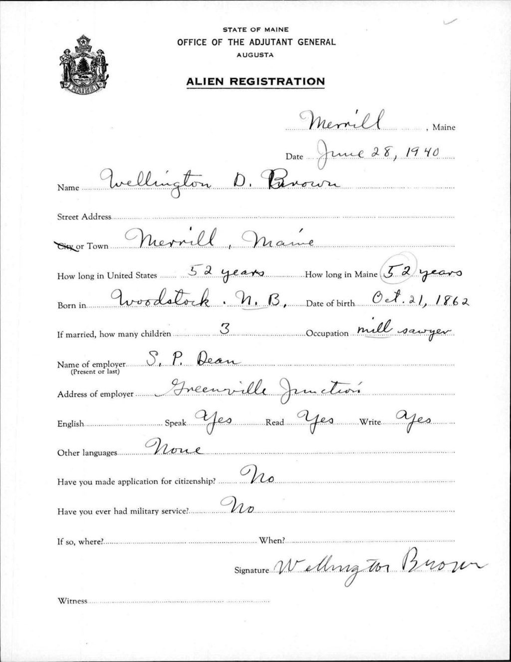 Miniature of Alien Registration- Brown, Wellington D. (Merrill, Aroostook County)