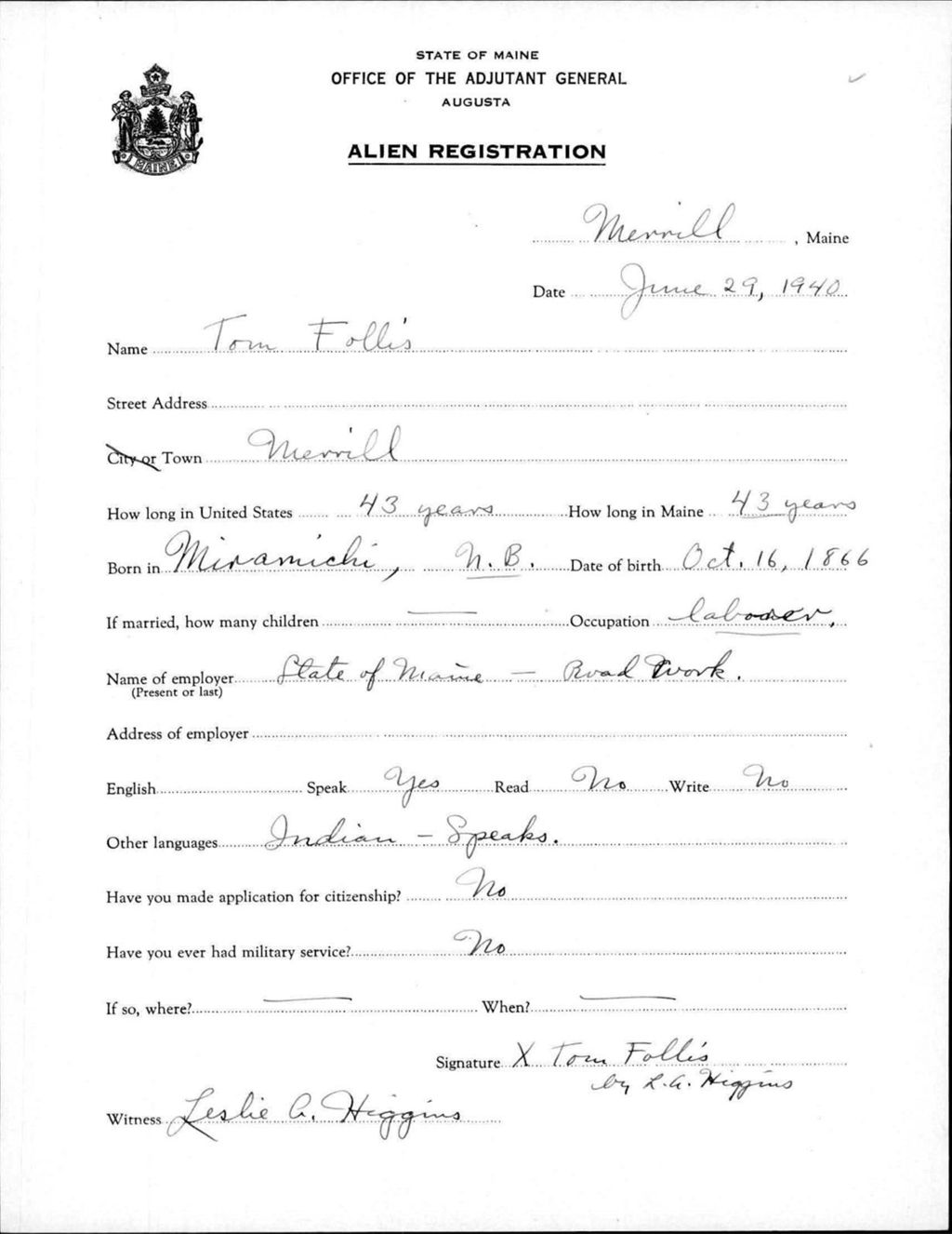 Miniature of Alien Registration- Follis, Tom (Merrill, Aroostook County)