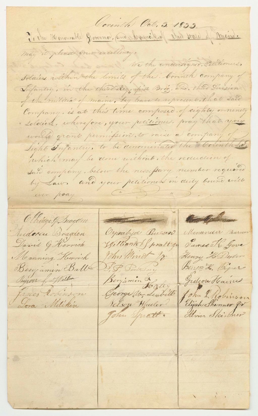 Miniature of Petition of Elbridge G. Bragdon and Others of Corinth, Praying To Be Organized Into a Company of Light Infantry