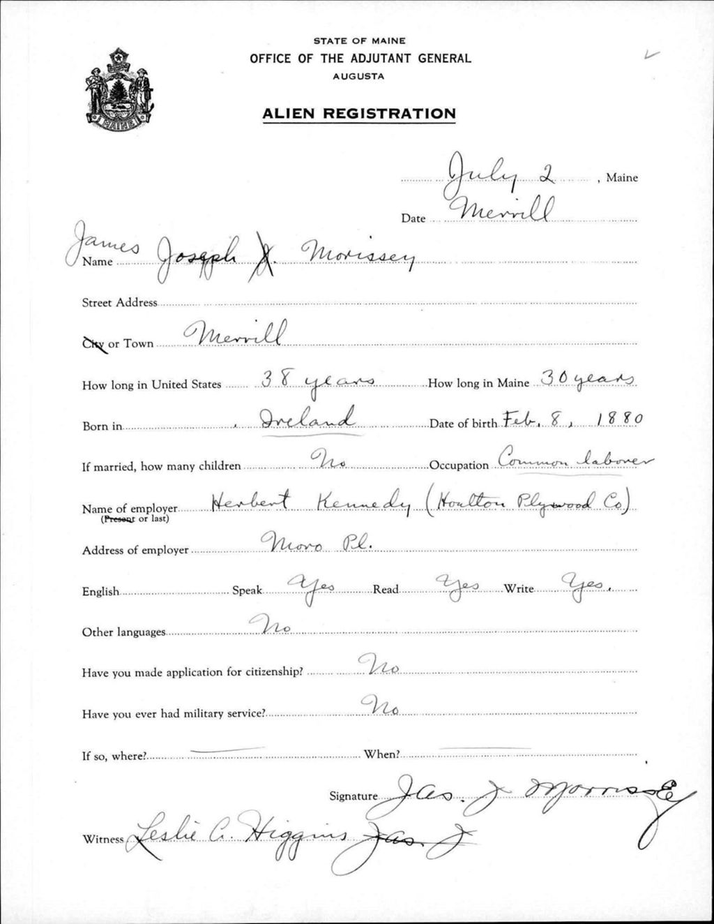 Miniature of Alien Registration- Morissey, James J. (Merrill, Aroostook County)