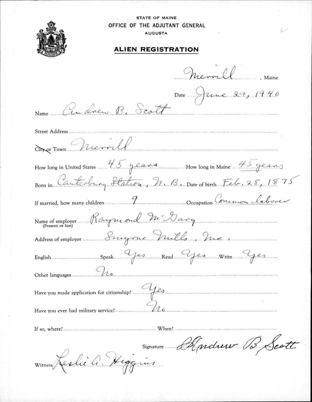 Miniature of Alien Registration- Scott, Andrew B. (Merrill, Aroostook County)