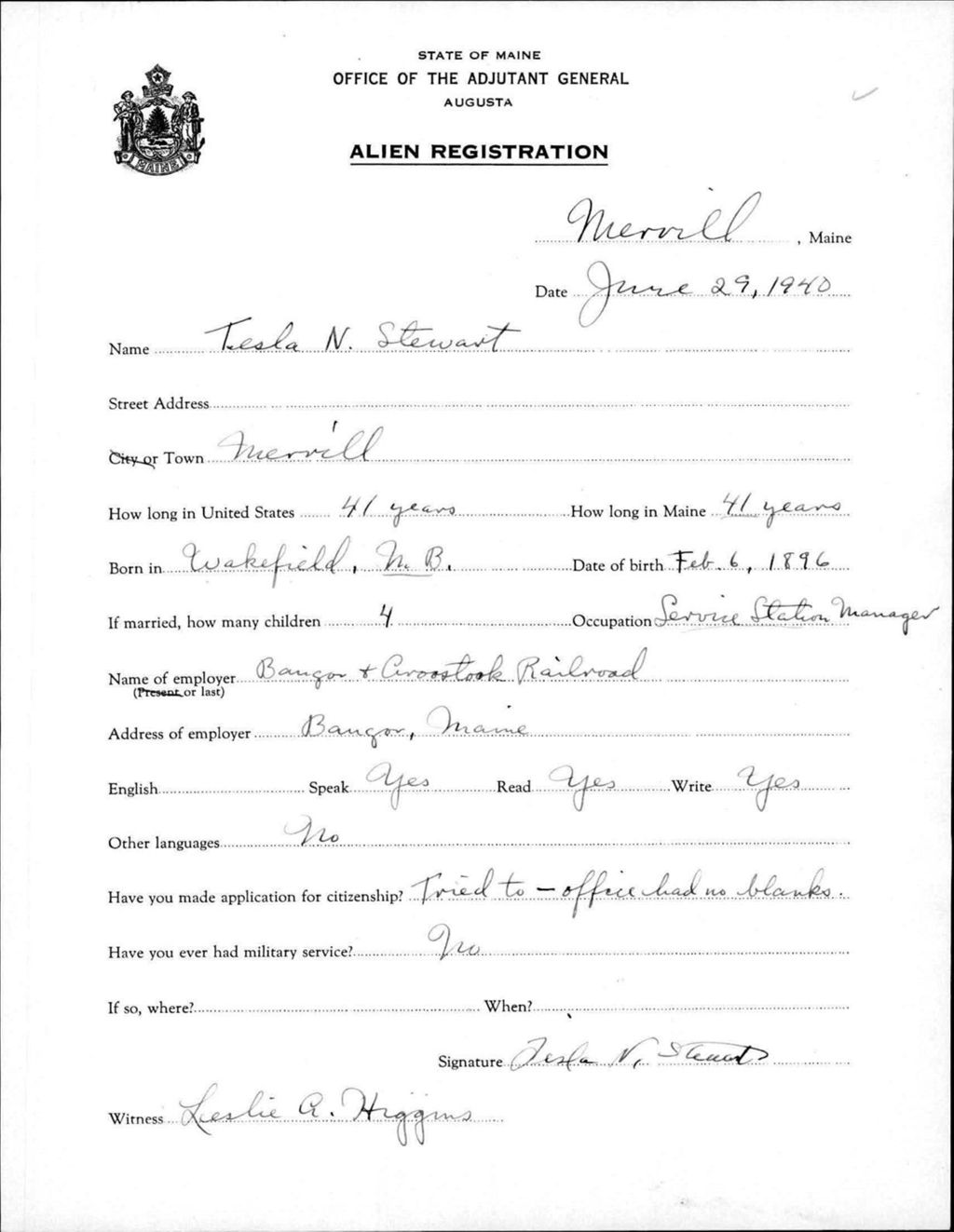 Miniature of Alien Registration- Stewart, Tesla N. (Merrill, Aroostook County)