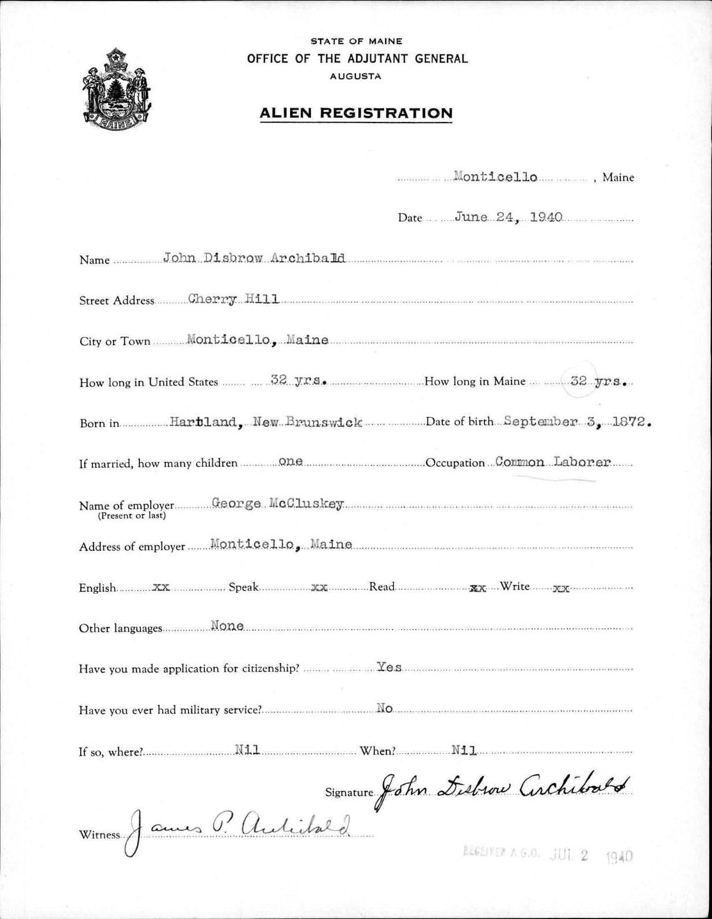 Miniature of Alien Registration- Archibald, John D. (Monticello, Aroostook County)