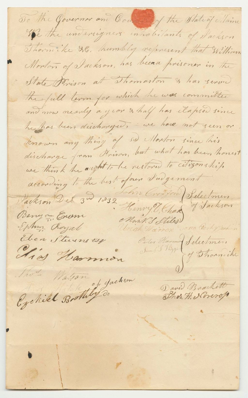 Miniature of Petition of the Inhabitants of Jackson and Thorndike for the Pardon of William Morton