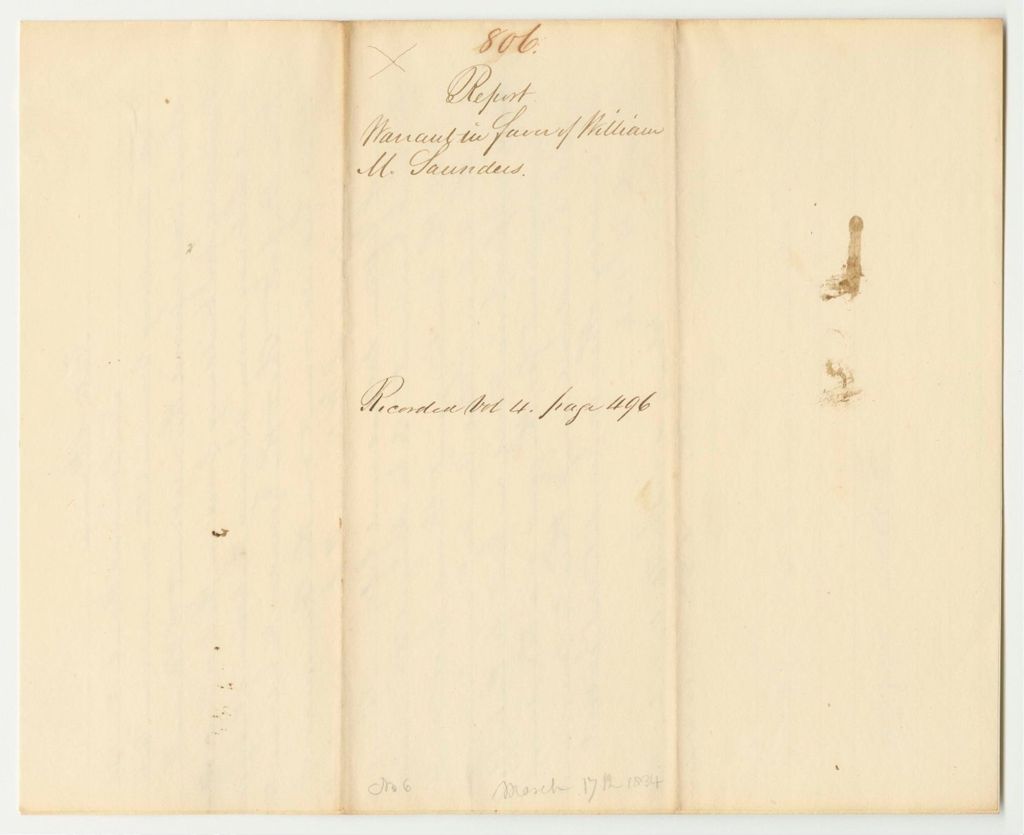 Miniature of Report 806: Warrant in Favor of William M. Saunders