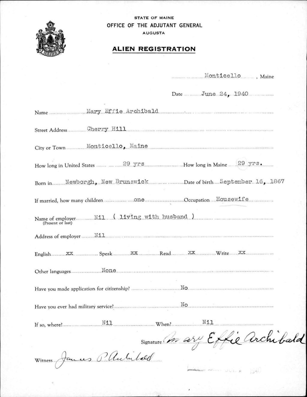 Miniature of Alien Registration- Archibald, Mary E. (Monticello, Aroostook County)