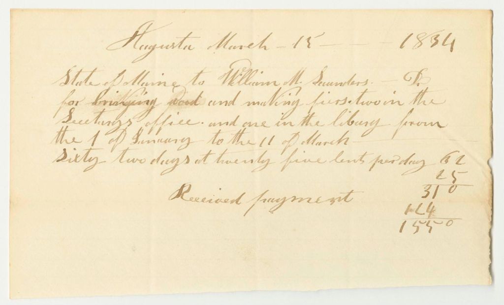 Miniature of William M. Saunder's Bill for Building Fires in the Secretary's Office and the Library Room